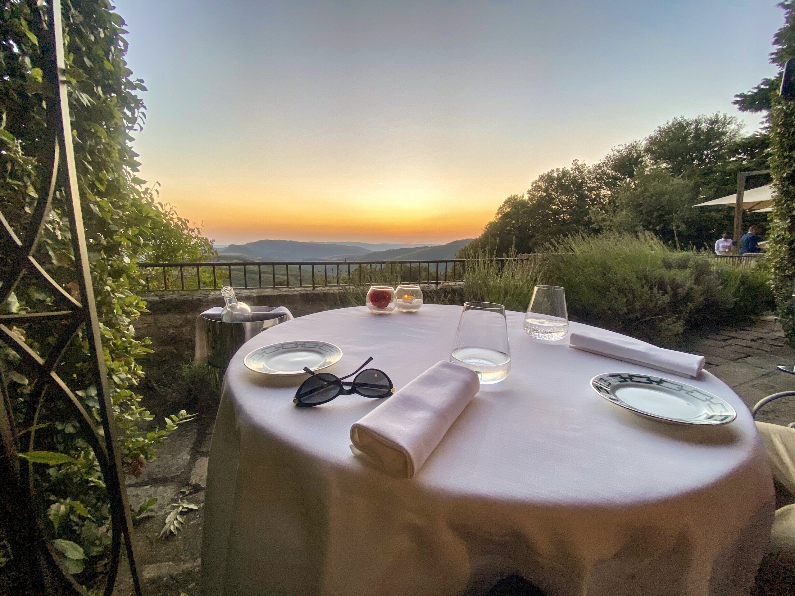 Borgo Pignano Main Restaurant Table at Sunset